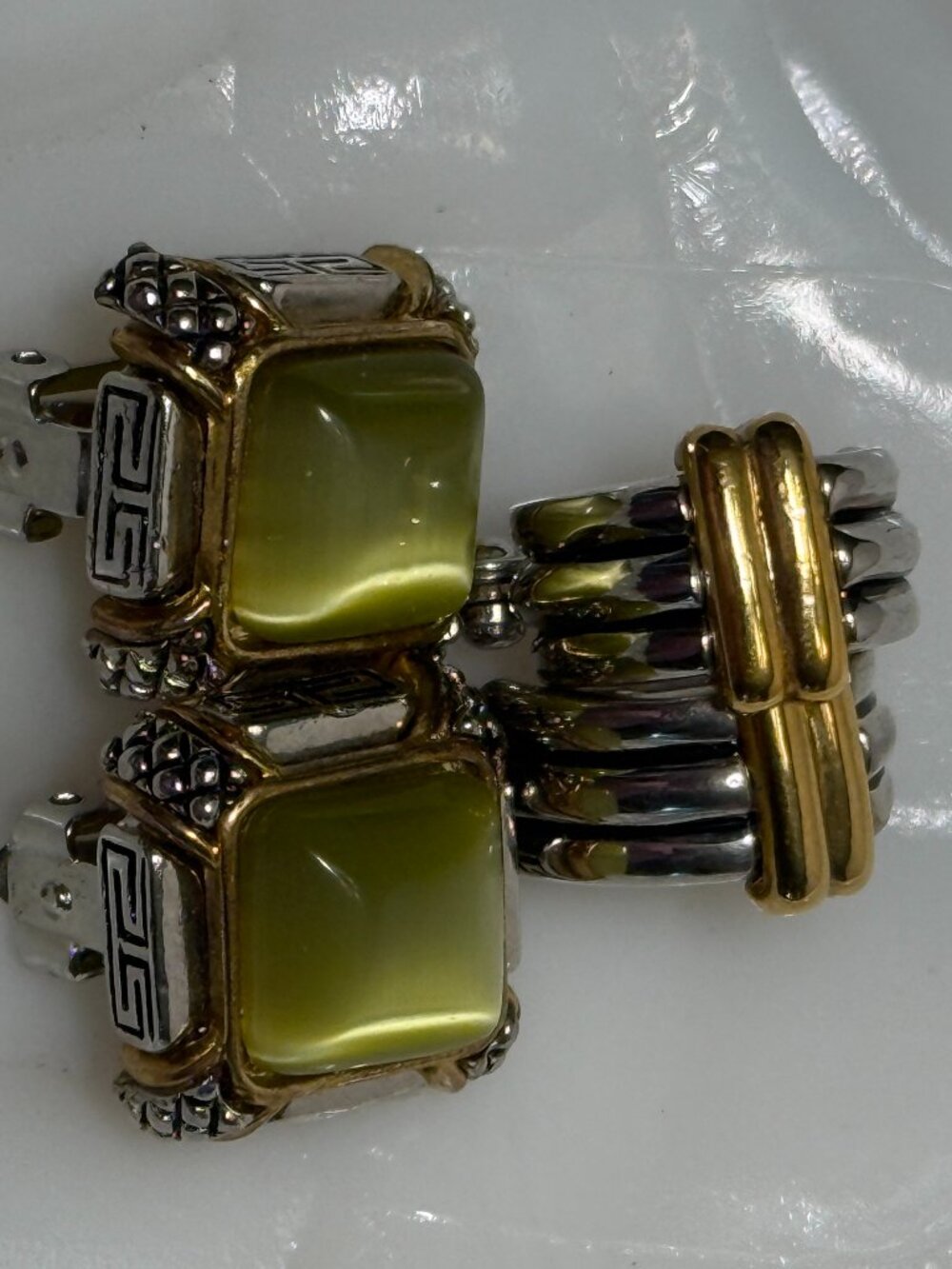 NEW 2 Pairs Clip On Earrings Silver and Gold Tone Green Gems Convertible